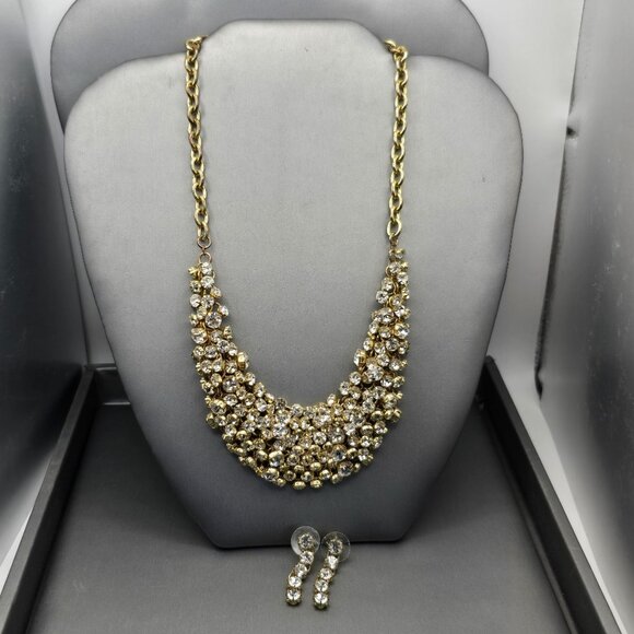 Unbranded Jewelry - Gold-Tone Statement Necklace & Drop Earrings Set w/ Prong Set Clear Rhinestones